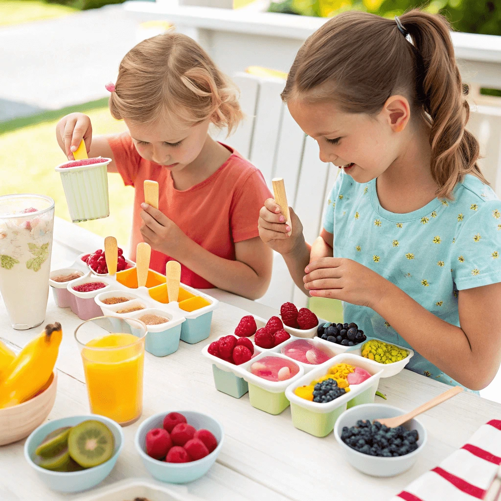 : Children making DIY popsicles using fresh fruit and yogurt at a summer popsicle station.