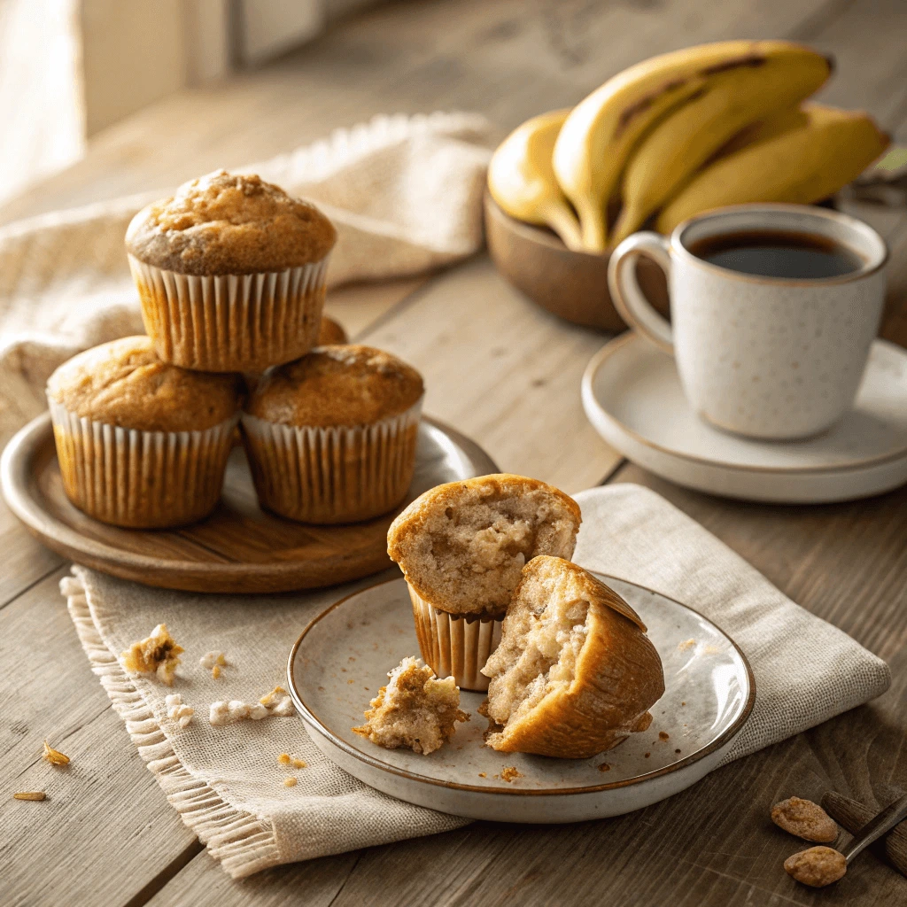 Moist and fluffy sourdough banana muffin with a bite taken out