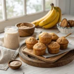 Sourdough banana muffins arranged on a wooden platter with bananas and sourdough starter jar