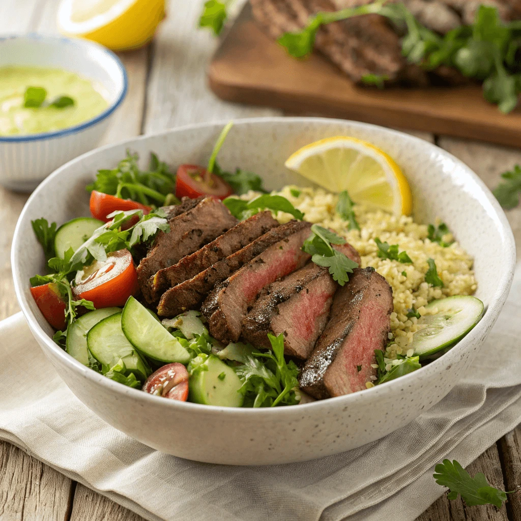 Pan-seared sirloin steak served over a fresh spinach salad with avocado and cherry tomatoes