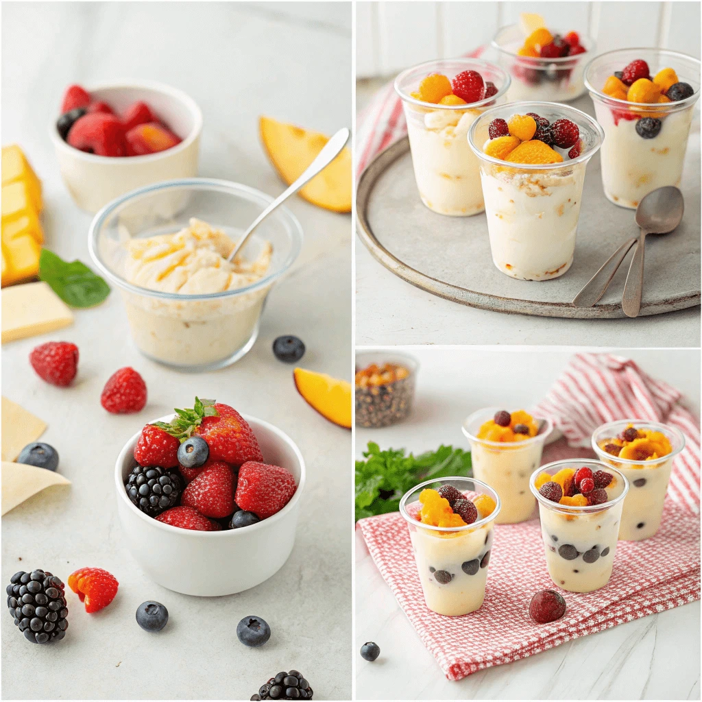 Step-by-step ice cream cup recipe with creamy base and fruit toppings