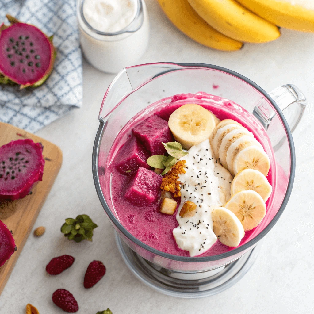 Ingredients being blended into a smoothie in a blender
