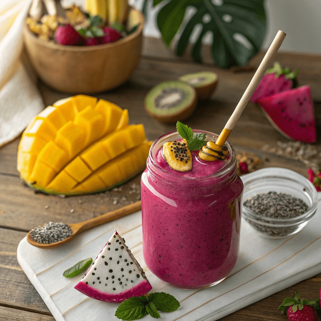 Healthy tropical dragon fruit smoothie with chia seeds and honey on top