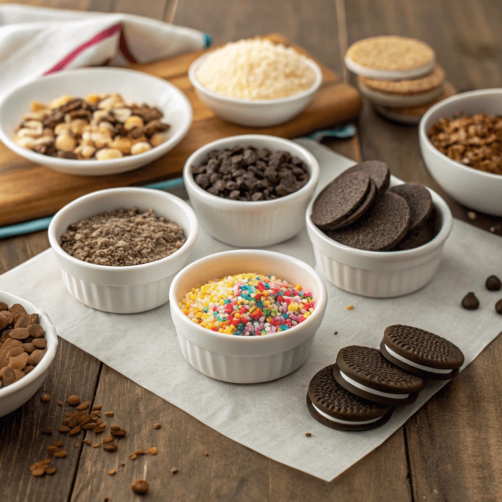 Variety of toppings for chocolate covered Oreos including nuts and shredded coconut