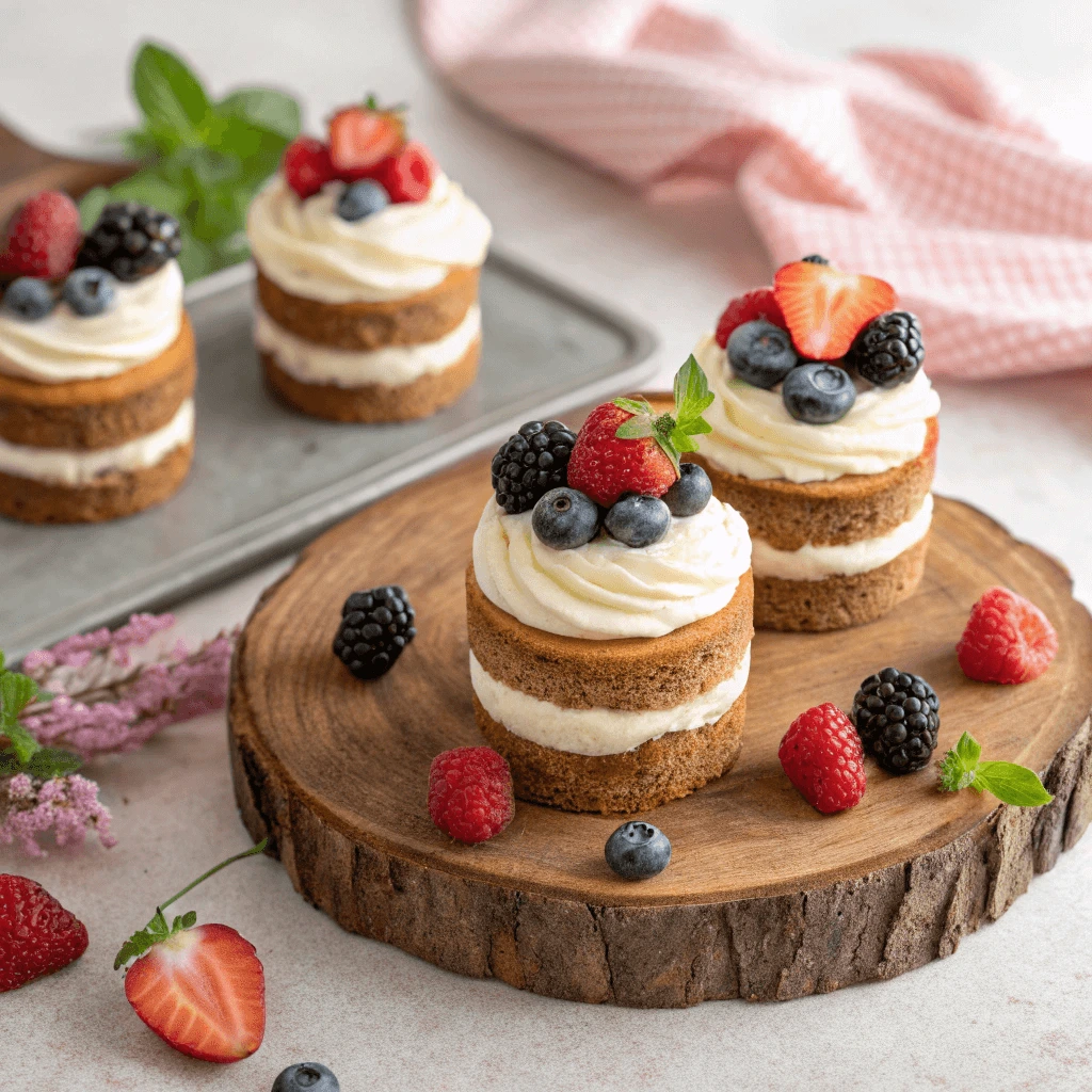 Mini cakes recipe with a vegan frosting and fresh berries