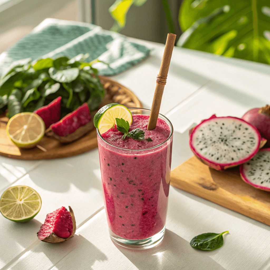 A glass of dragon fruit smoothie served with a straw, garnished with fresh pineapple and mango.