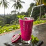 Dragon fruit smoothie served in a glass with a straw