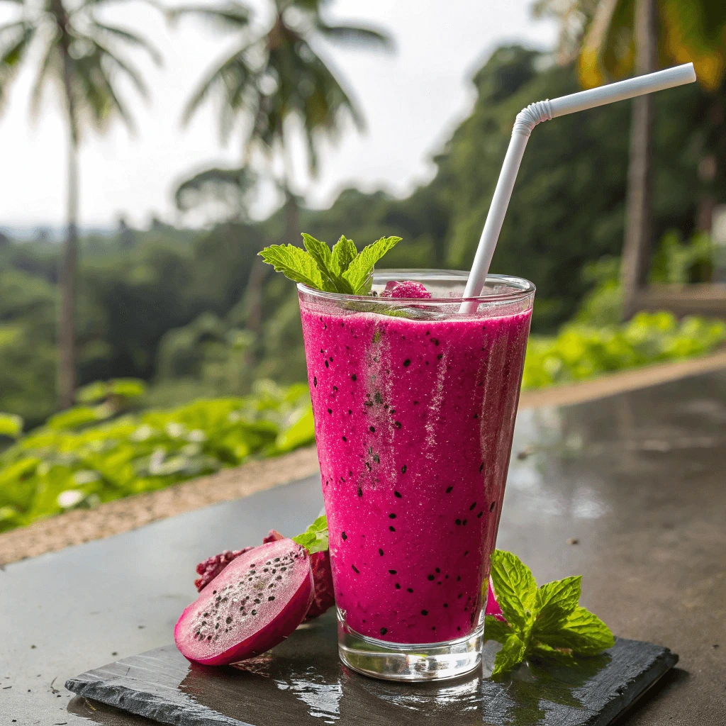 Dragon fruit smoothie served in a glass with a straw