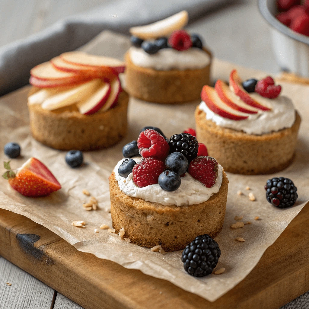 Healthy mini cakes made with whole wheat and garnished with fruit.
