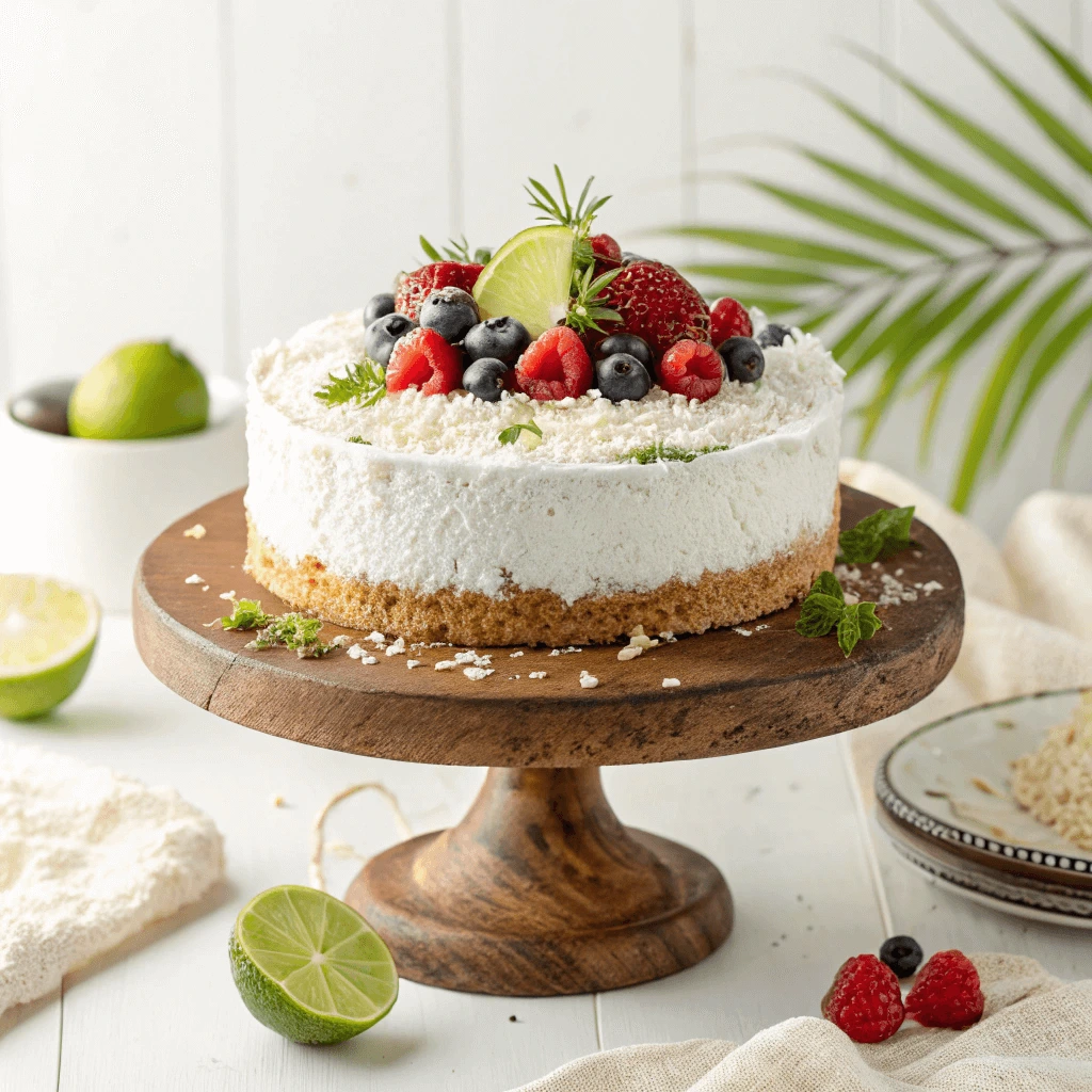 Coconut cake decorated with fresh berries, lime zest, and coconut cream frosting