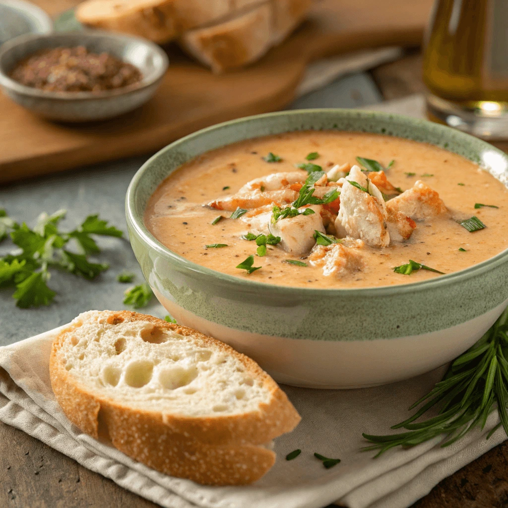 A bowl of creamy crab bisque garnished with fresh herbs and served with crusty bread