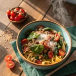 Colorful bowl of healthy ground turkey pasta with spinach and cherry tomatoes