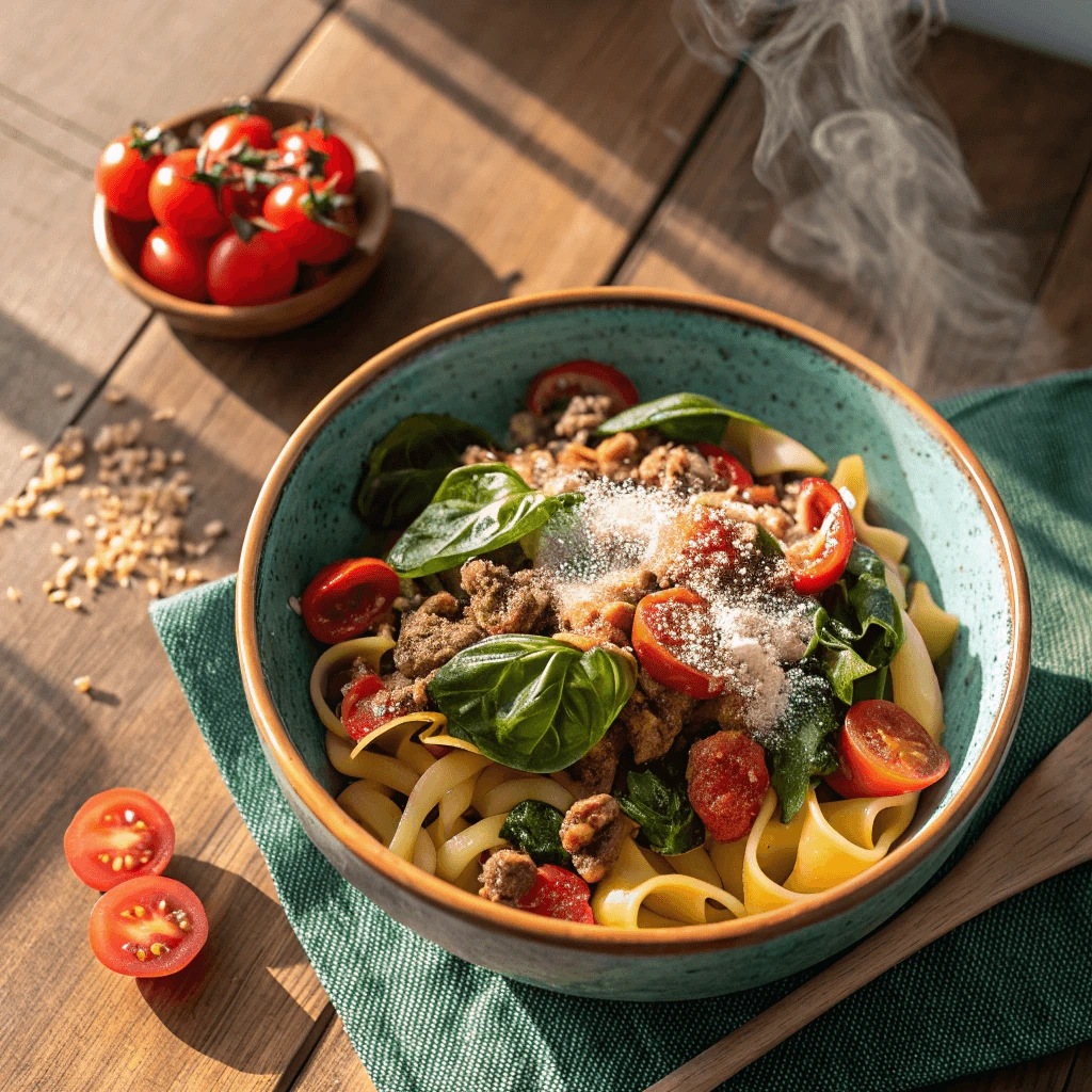 Colorful bowl of healthy ground turkey pasta with spinach and cherry tomatoes