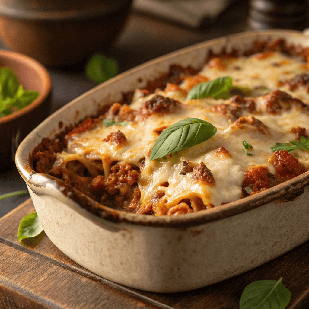 Baked ground turkey pasta casserole with melted mozzarella cheese