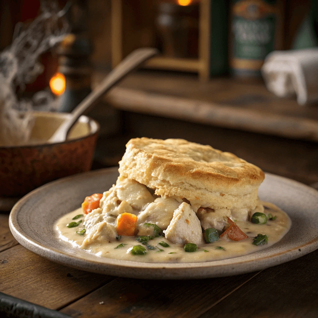 Slice of chicken cobbler on a white plate, showing creamy chicken filling and biscuit crust