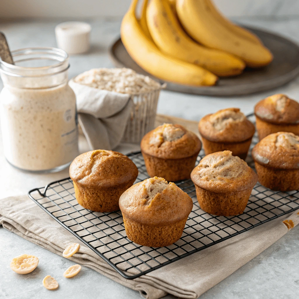 A batch of sourdough banana muffins cooling on a wire rack.