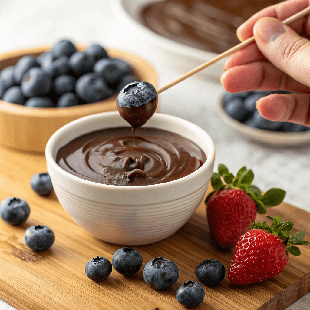 Dipping blueberries into melted chocolate using a skewer