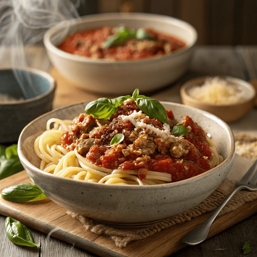 Ground turkey pasta with marinara sauce and fresh basil