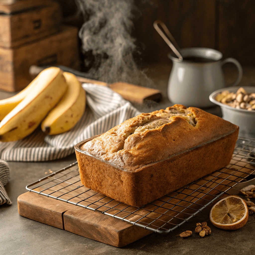 Freshly baked moist banana bread loaf cooling on a wire rack