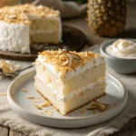 Moist coconut cake slice with toasted coconut flakes on top