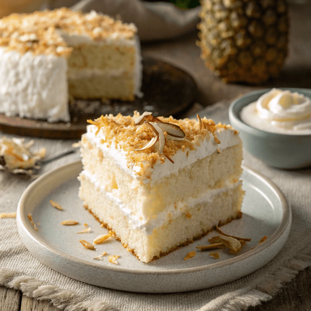 Moist coconut cake slice with toasted coconut flakes on top