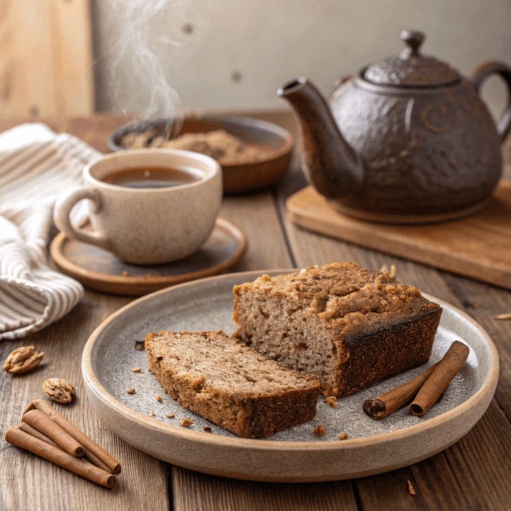 A rustic plate with a slice of vegan banana bread made with flax eggs and almond flour, served with a cup of tea.