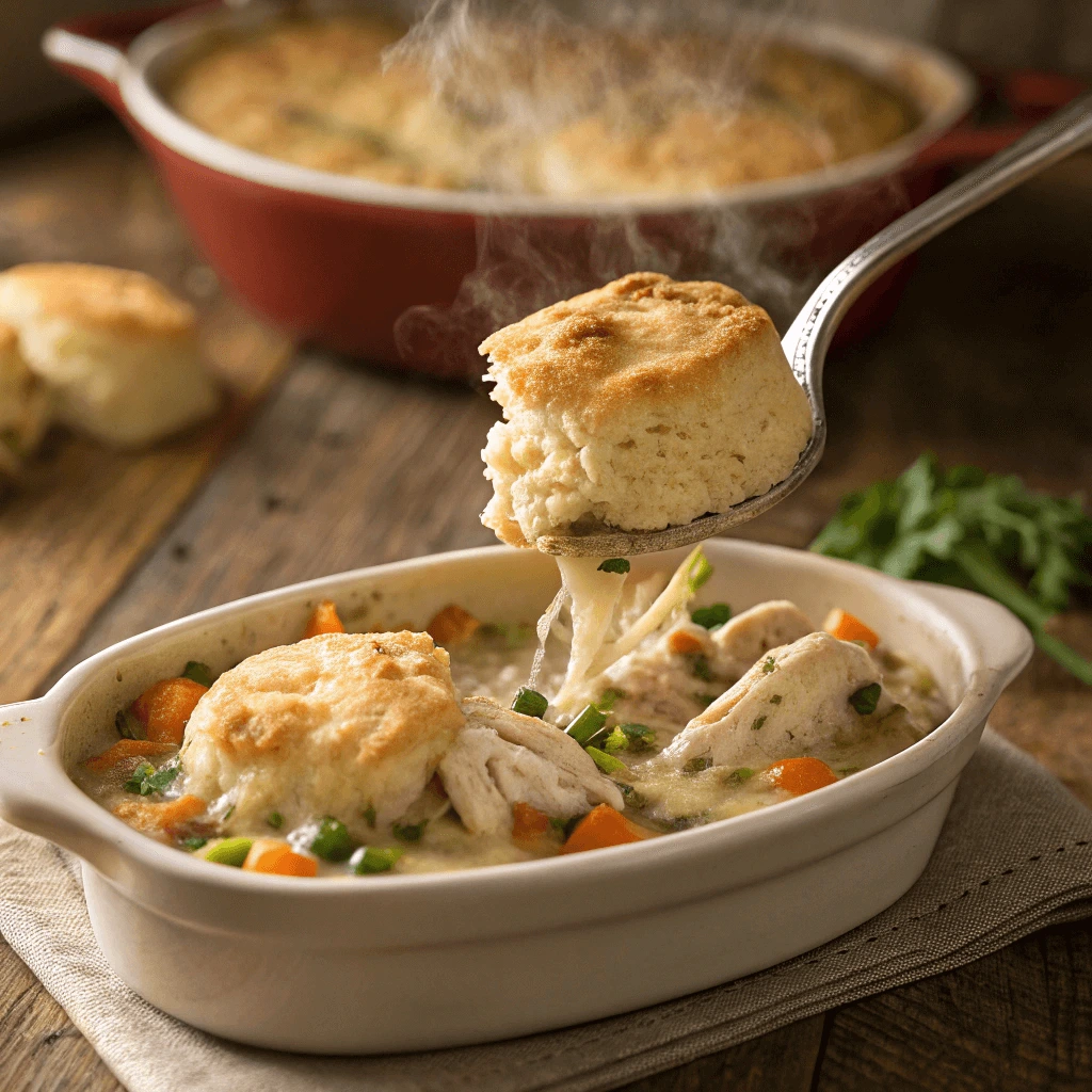 Serving spoon scooping out chicken cobbler with biscuit topping