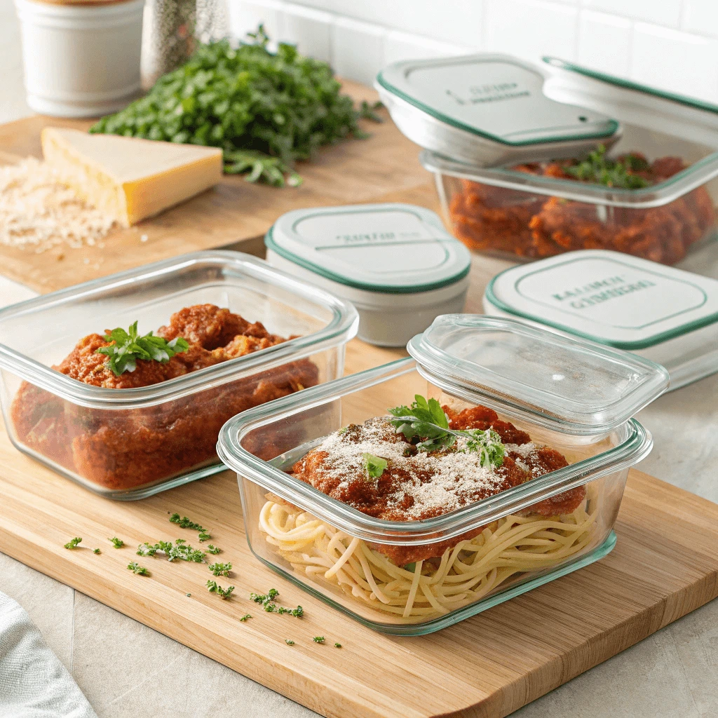 A meal prep container filled with ground turkey pasta topped with grated cheese, ready to store