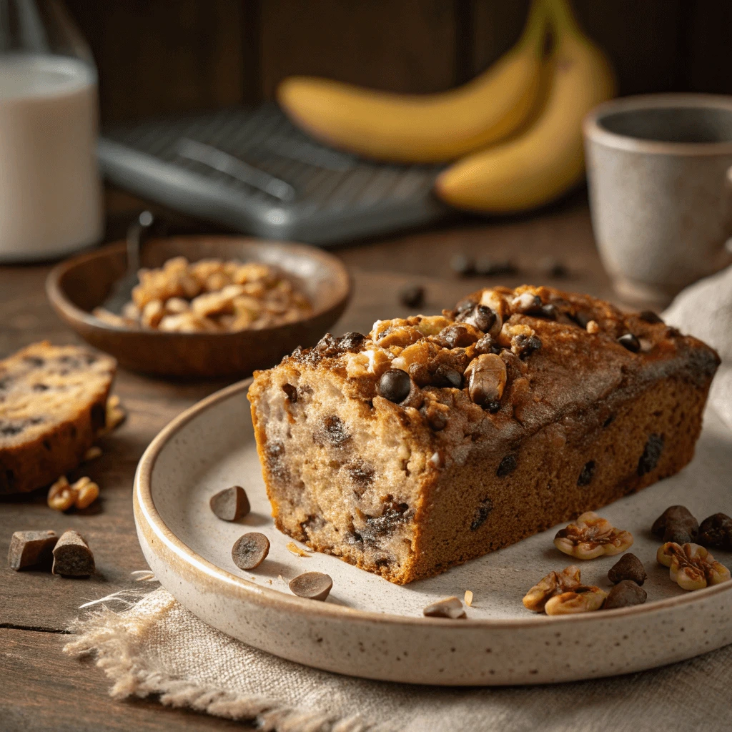 Close-up of a slice of moist banana bread with walnuts and chocolate chips on a white plate.