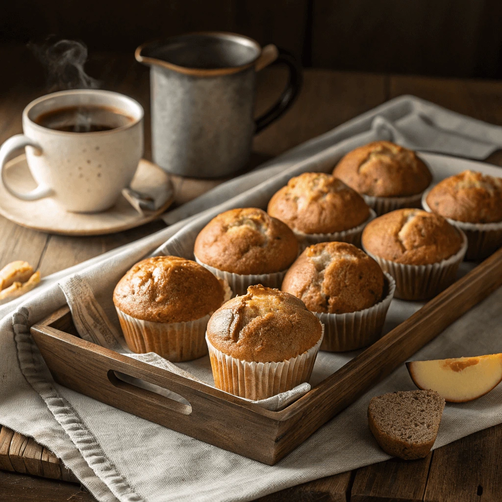 A tray of homemade sourdough banana muffins with a cup of tea.