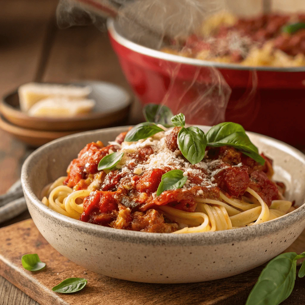 A colorful bowl of ground turkey pasta with marinara sauce, fresh basil, and grated Parmesan cheese