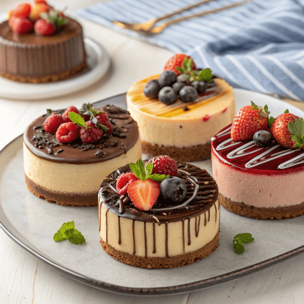 Assortment of colorful high-protein cheesecakes with berry toppings and chocolate drizzle