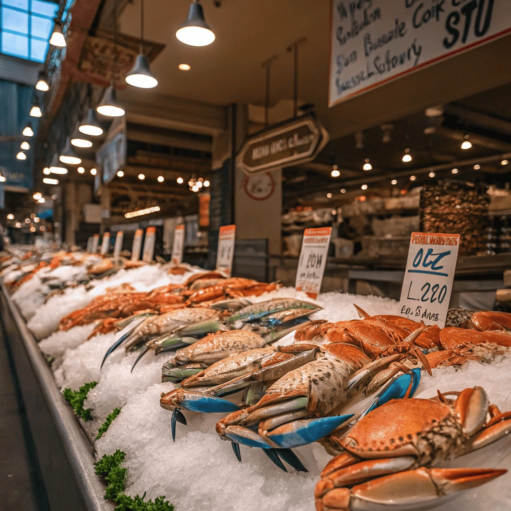 Assortment of fresh crabs including blue crab, king crab, and snow crab on ice at a seafood market