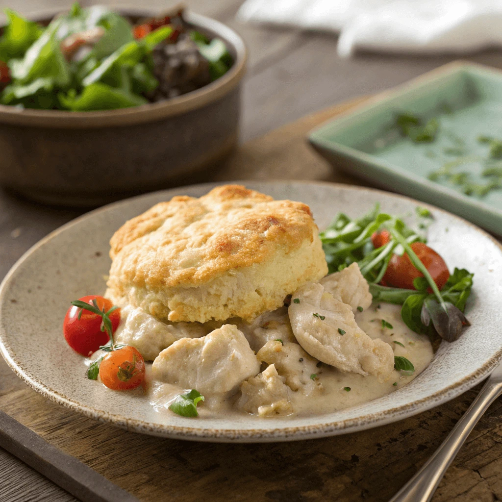 Baked chicken cobbler served with fresh side salad for a balanced dinner
