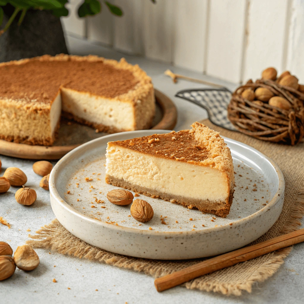 Baked protein cheesecake with almond flour crust cooling on a wire rack