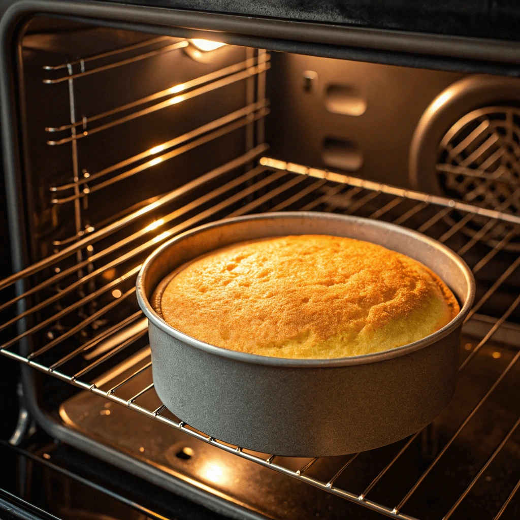 Oven with coconut cake baking on the middle rack