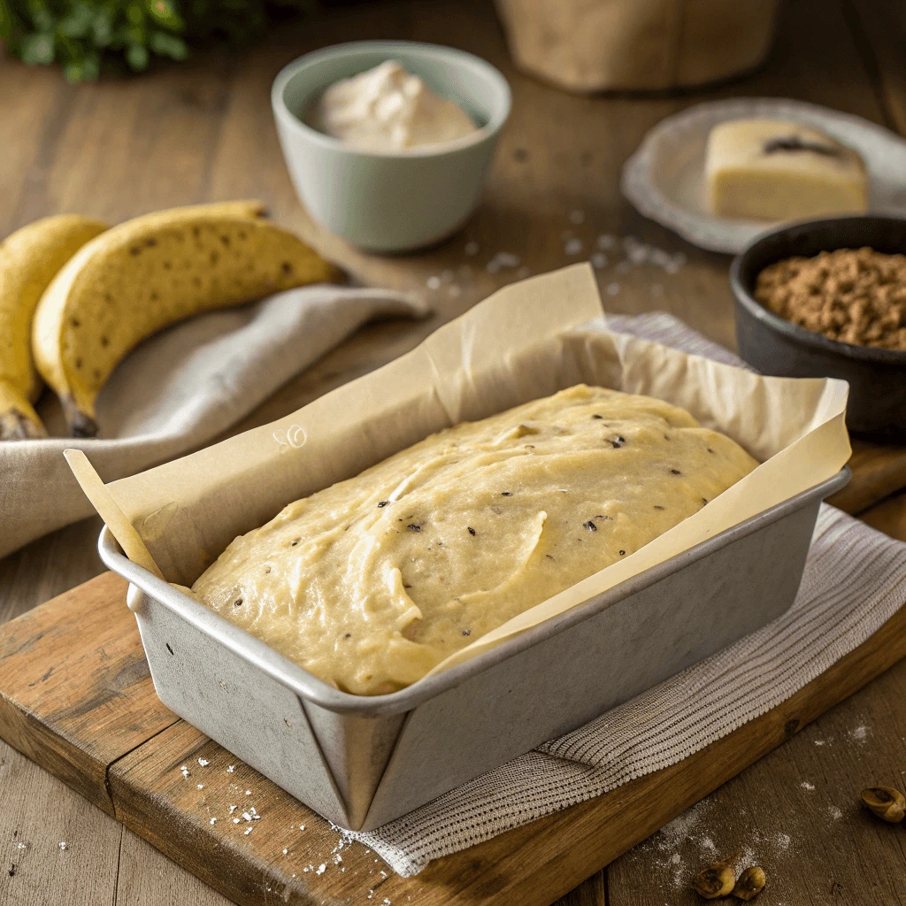 A loaf pan filled with banana bread batter ready to bake in the oven