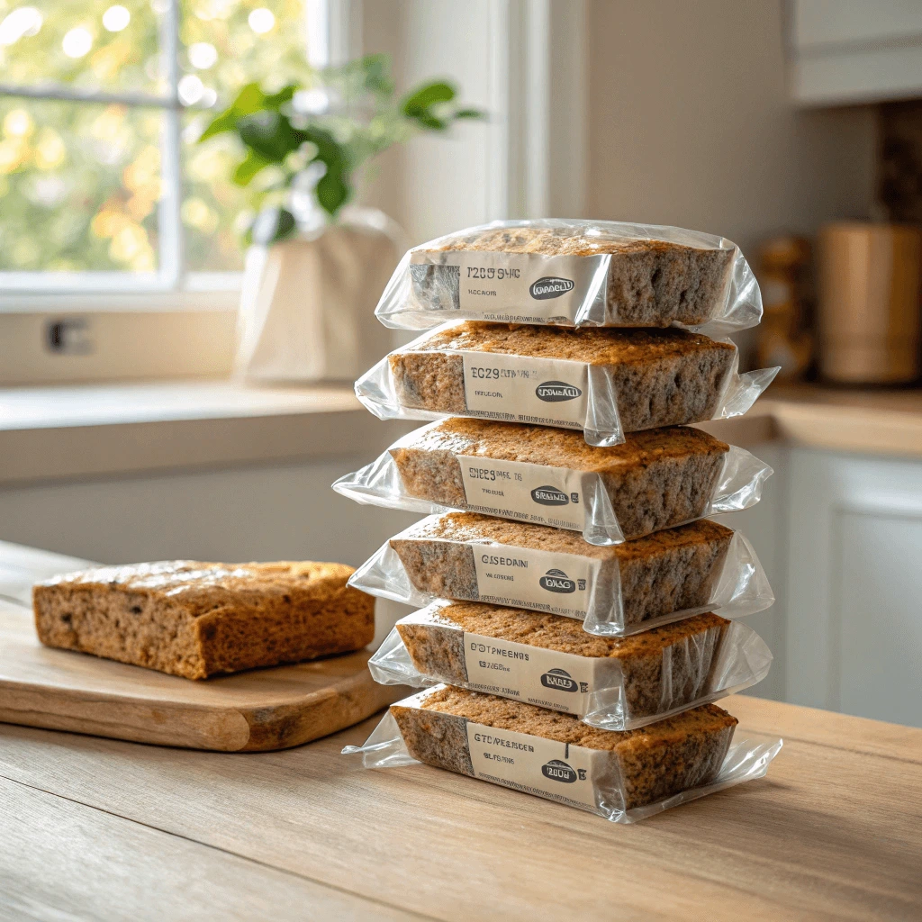 Banana bread slices frozen and individually wrapped for quick and healthy snacks.