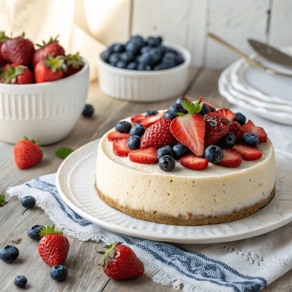 Berry cottage cheese high-protein cheesecake with fresh strawberries and blueberries on top