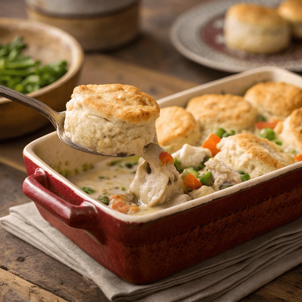 Biscuit topping being spooned over the chicken and vegetable filling in a baking dish