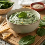Bowl of creamy homemade spinach dip with fresh spinach leaves