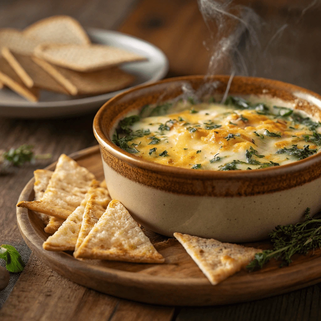 Bowl of cheesy spinach dip topped with melted cheese and herbs, ready for dipping
