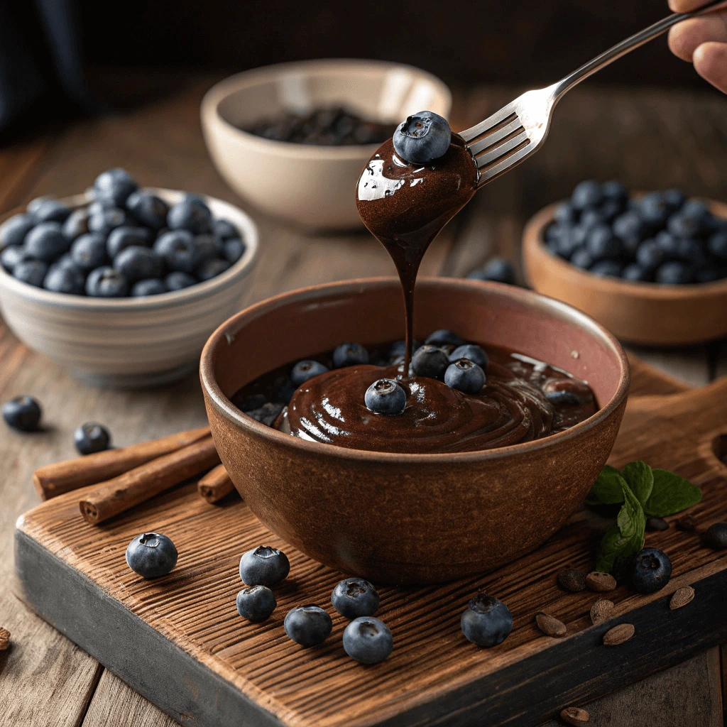 Bowl of melted dark chocolate with blueberries being dipped using a fork