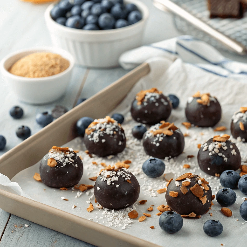 Chocolate covered blueberries sprinkled with chopped nuts and coconut flakes