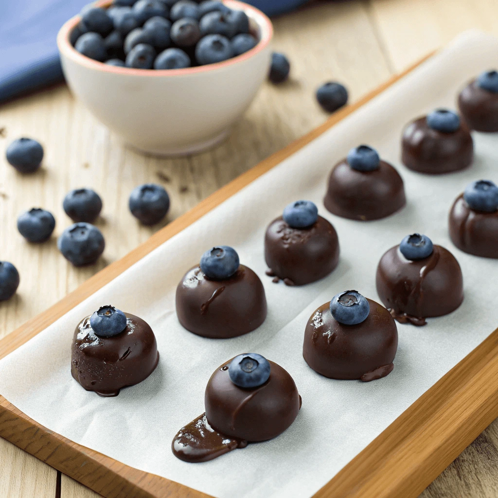 Chocolate covered blueberries drying on parchment paper