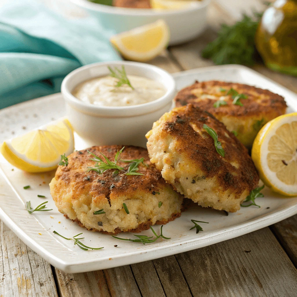 Classic crab cakes golden brown on a plate with lemon wedges