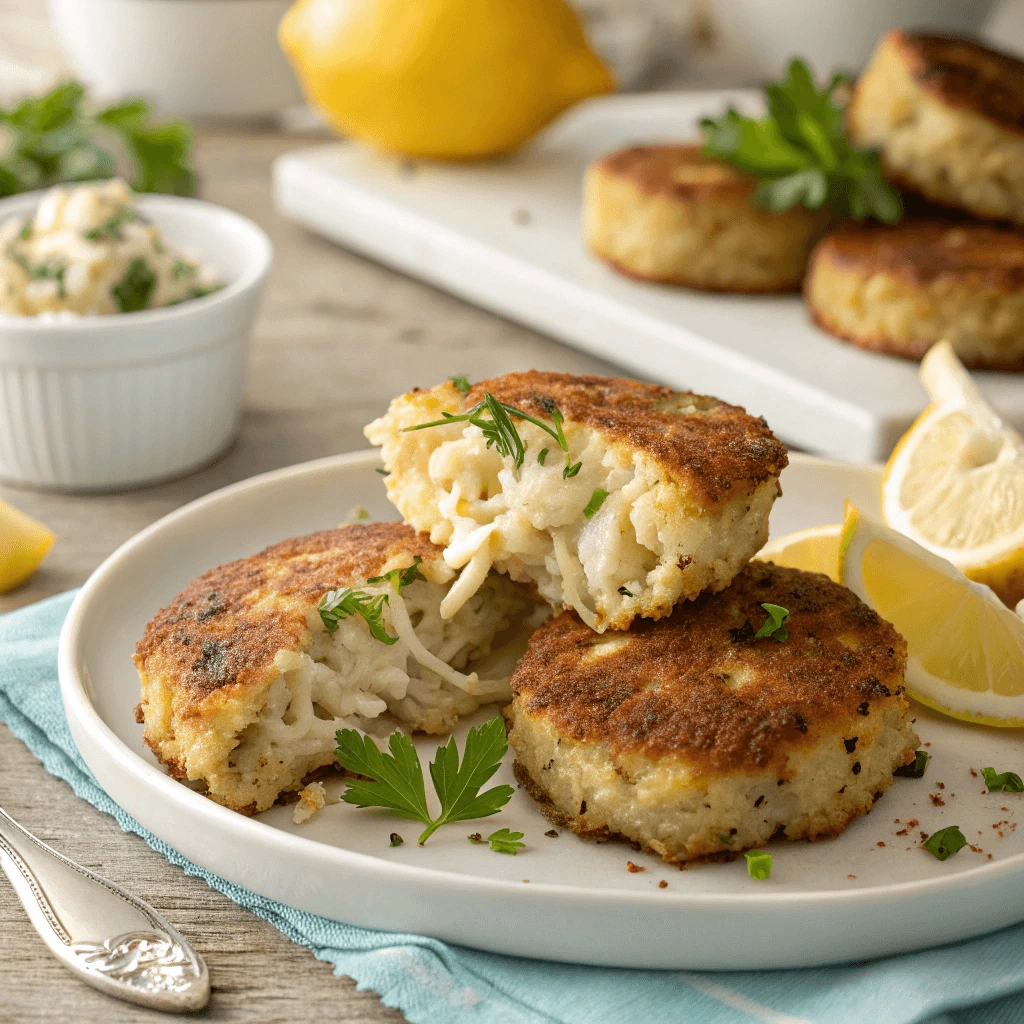 Close-up of a delicious crab cake garnished with herbs on a white plate