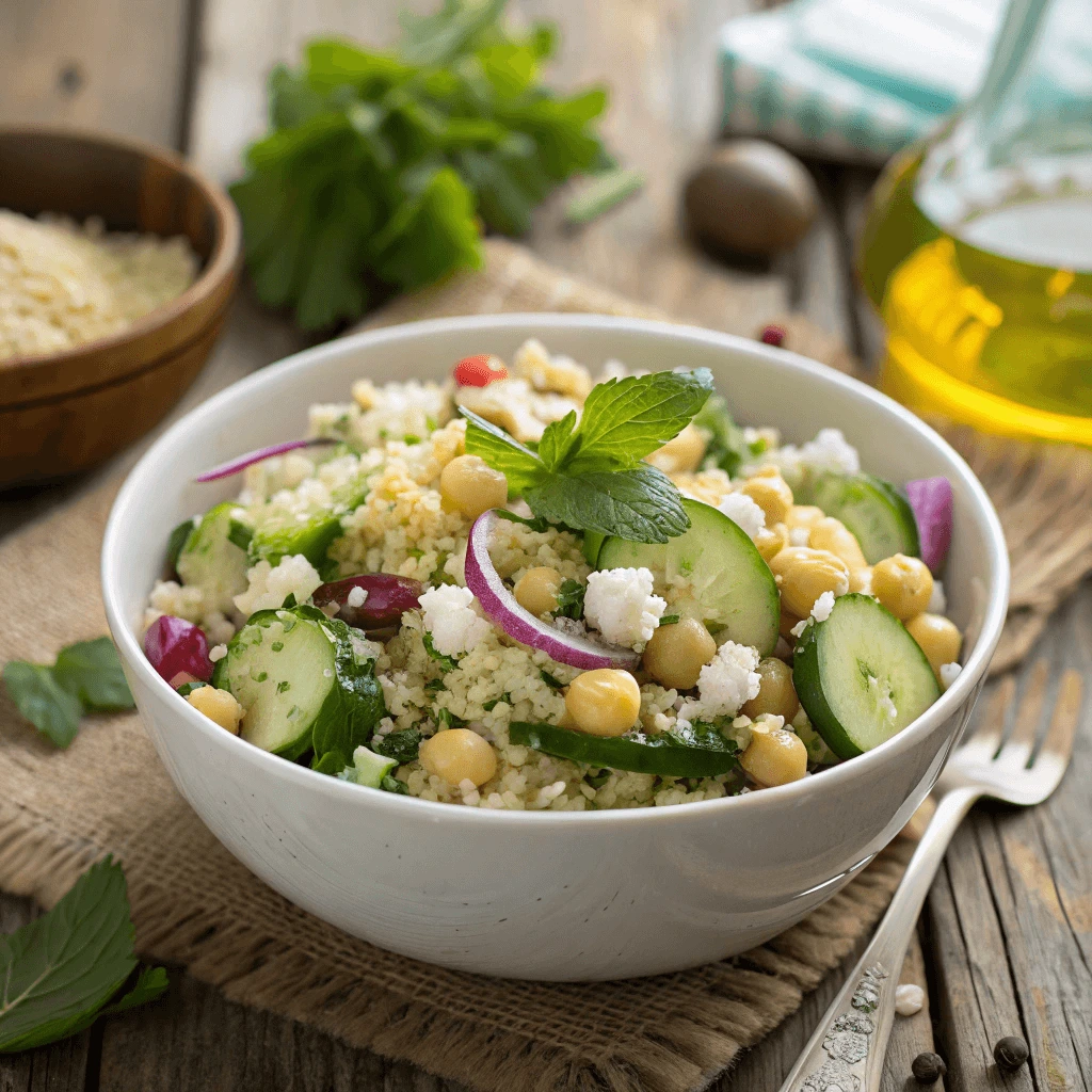 Close-up of Jennifer Aniston Salad with olive oil dressing and fresh herbs on a rustic table