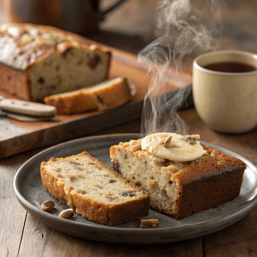 Banana bread served on a rustic plate with a dollop of butter melting on top.