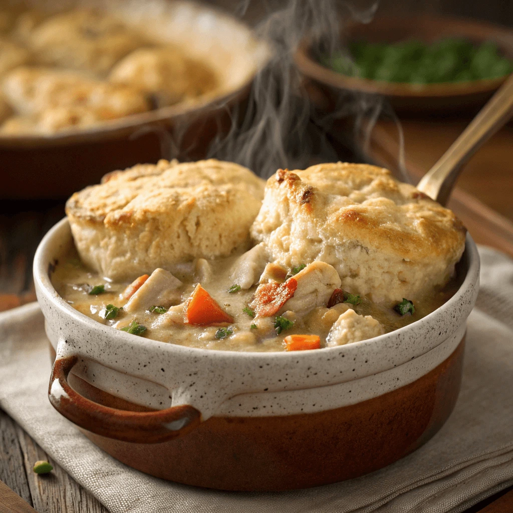Close-up of creamy chicken filling and biscuit crust in chicken cobbler